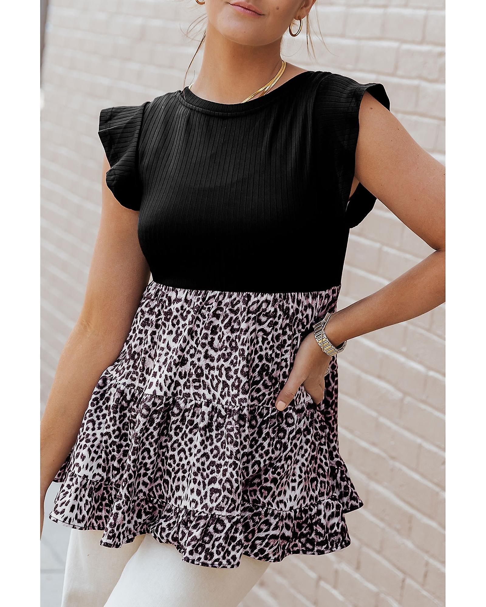 Azura Exchange  Leopard Splice Ruffle Sleeve Blouse