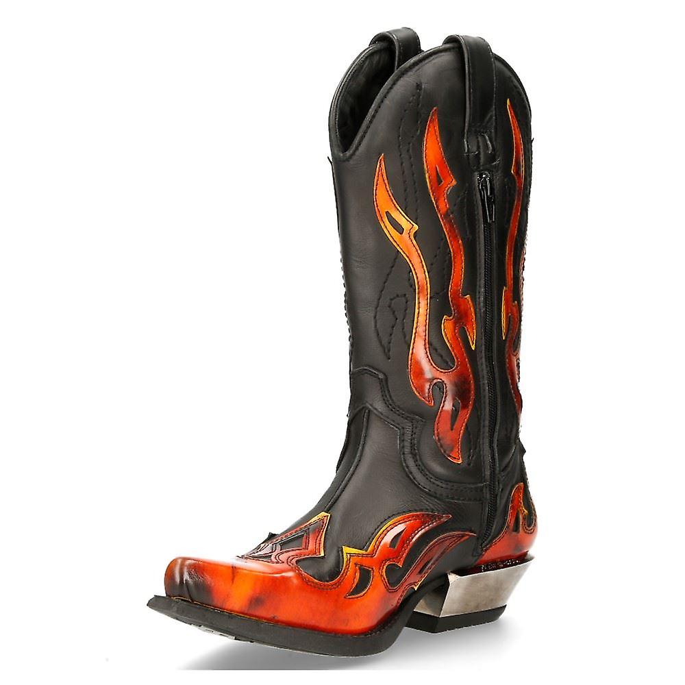 NEW ROCK UNISEX 7921S2 NEW ROCK LEATHER WEST BLACK RED COWBOY LEATHER BOOTS