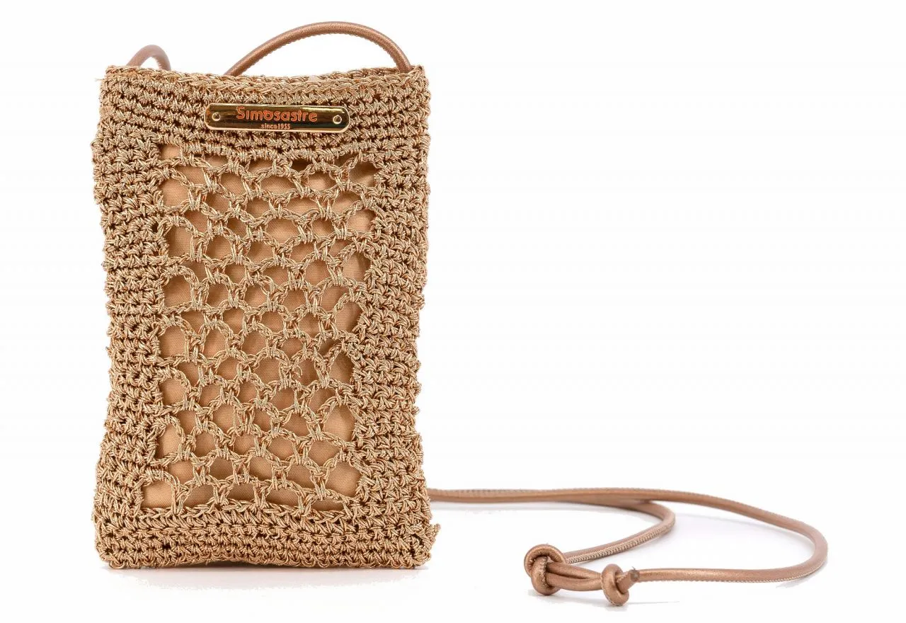 Porta Movil Crochet Bronce Placa Logo Asa Colgar Al Tono